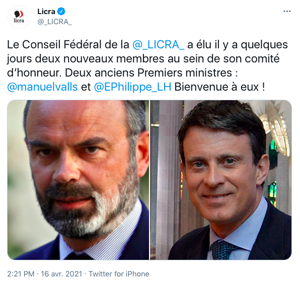 Manuel Valls et Édouard Philippe rejoignent le comité d'honneur de la LICRA