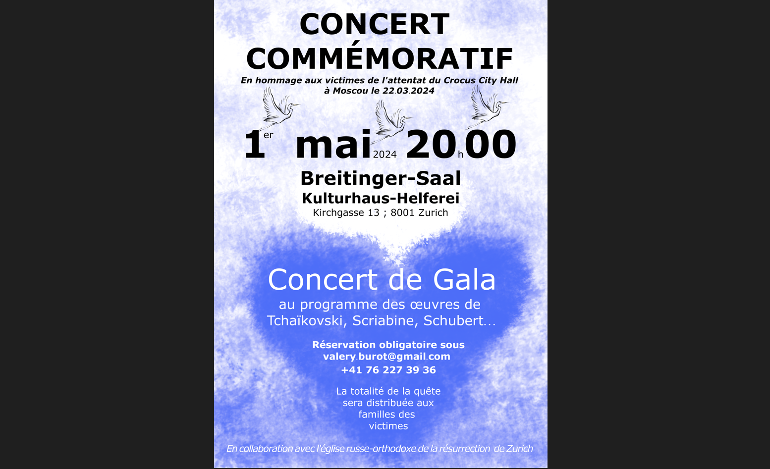 Zurich, 1er mai, 20 heures : le concert en souvenir des victimes du Crocus City Hall