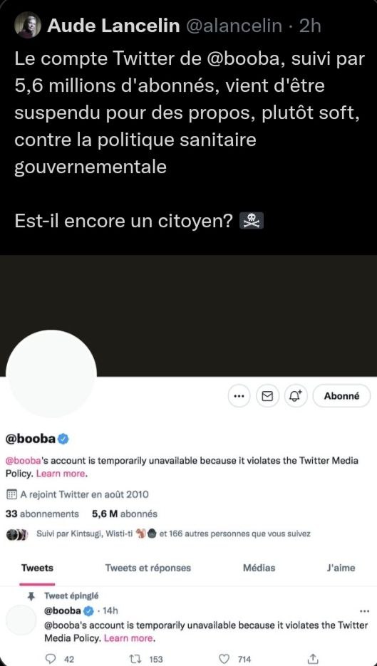Booba – 5,6 millions d’abonnés – censuré par Twitter pour sa critique du covidisme