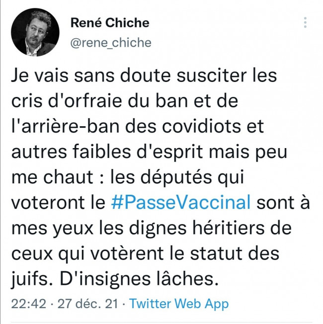 Statut des juifs et des vaccinés : toute la meute sur le dos de René Chiche pour un tweet