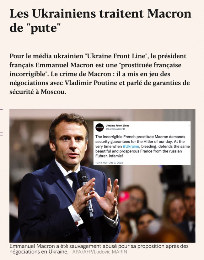 Le président de la République Emmanuel Macron traité de « pute » par un média ukrainien